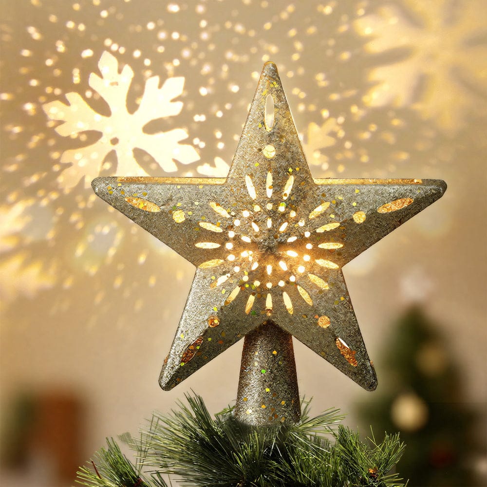 Jingle Jollys Christmas Tree Topper Star Snowflake Projector Party Glitter Gold - SportZone.co.nz