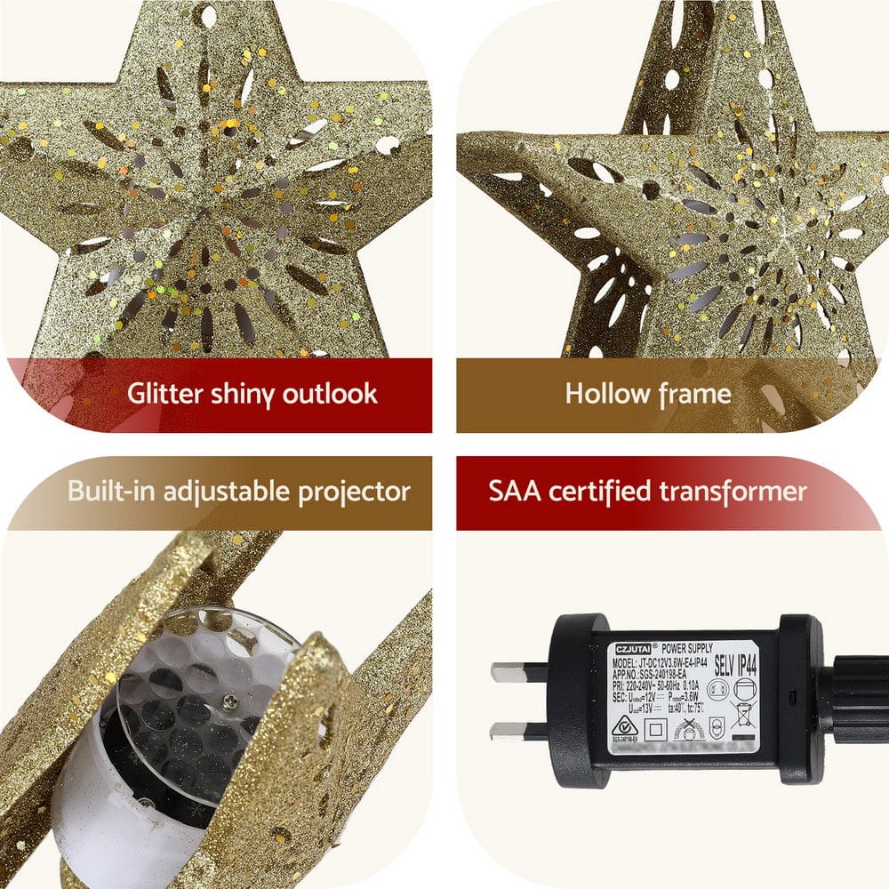 Jingle Jollys Christmas Tree Topper Star Snowflake Projector Party Glitter Gold - SportZone.co.nz
