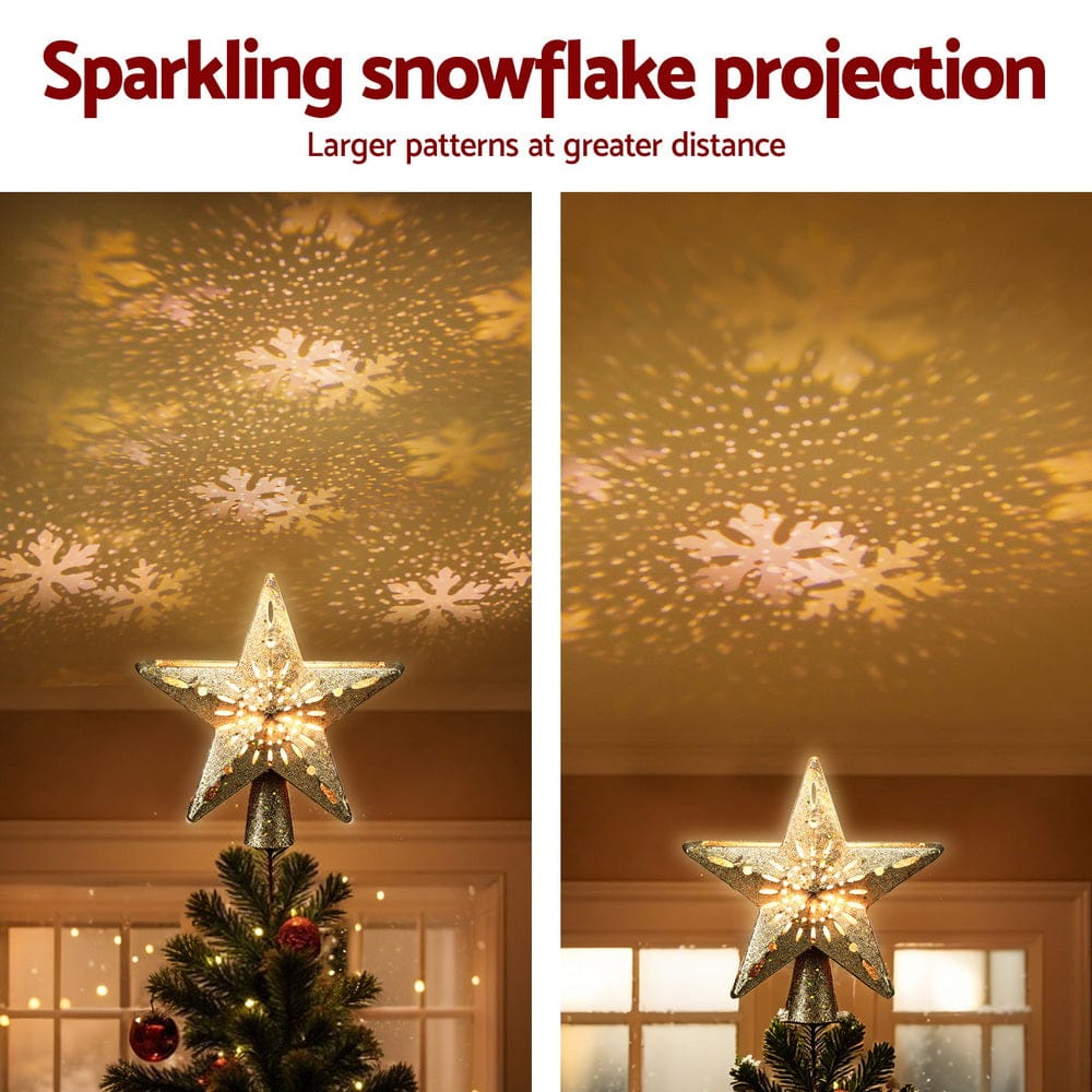 Jingle Jollys Christmas Tree Topper Star Snowflake Projector Party Glitter Gold - SportZone.co.nz