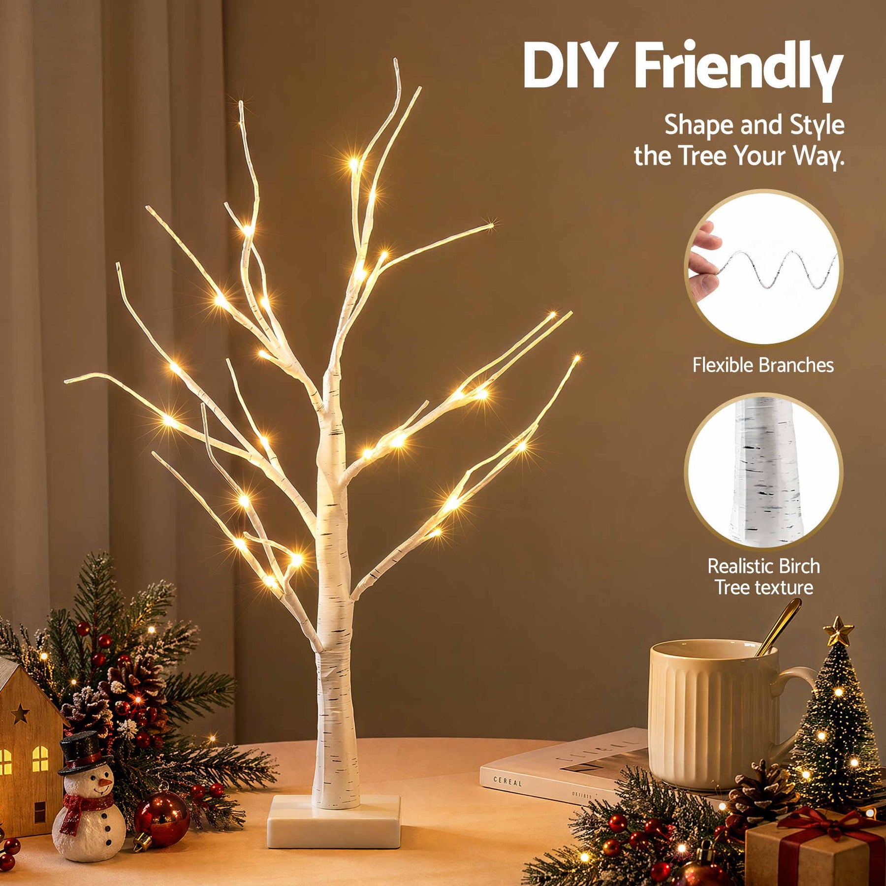 Jingle Jollys Lighted Branch Tree Christmas Decorations Warm White Christmas Lights 2 Pack 60cm - SportZone.co.nz