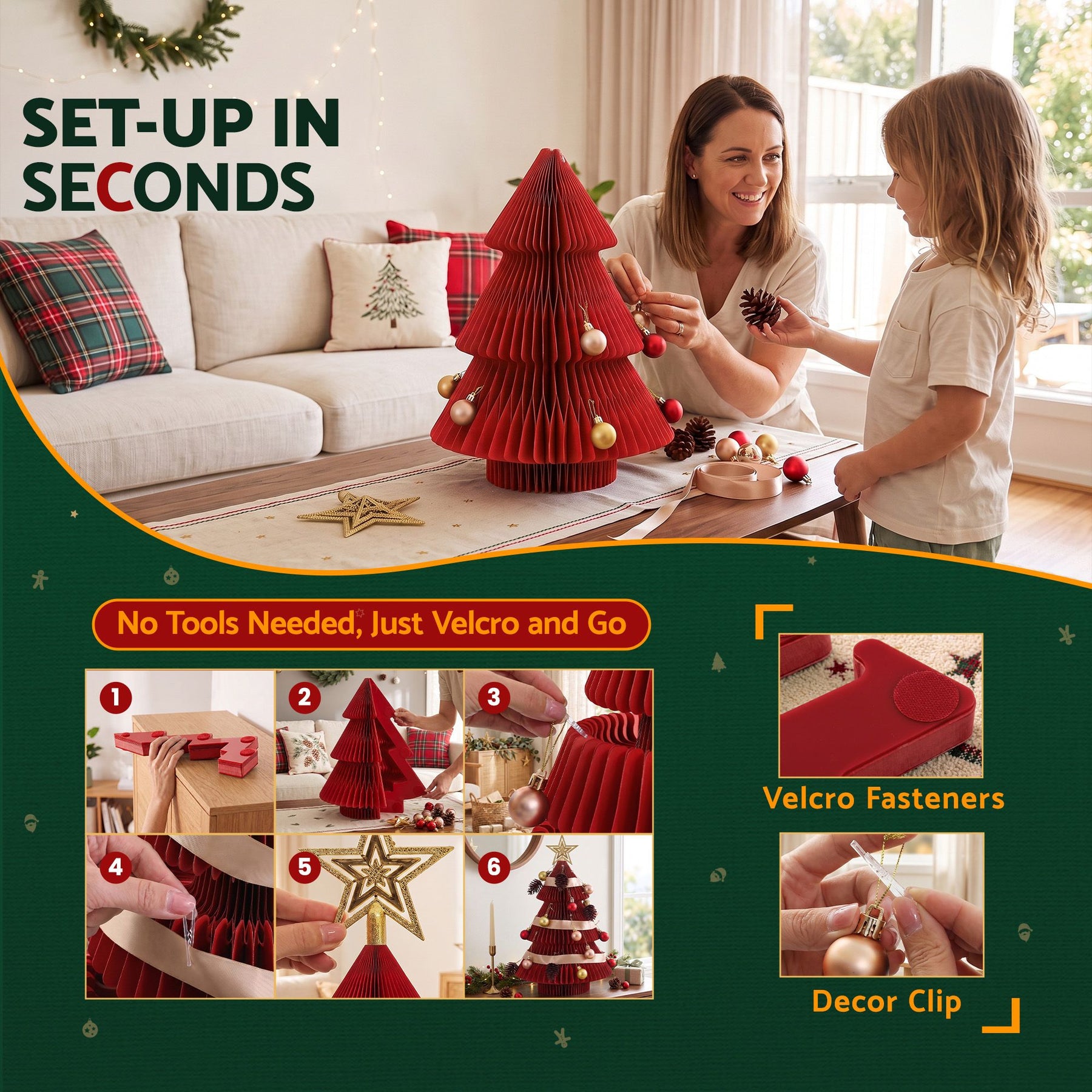 Jingle Jollys Paper Christmas Tree 47CM w/ Star Topper Xmas Decoration Tabletop Red DIY Ornament Set - SportZone.co.nz