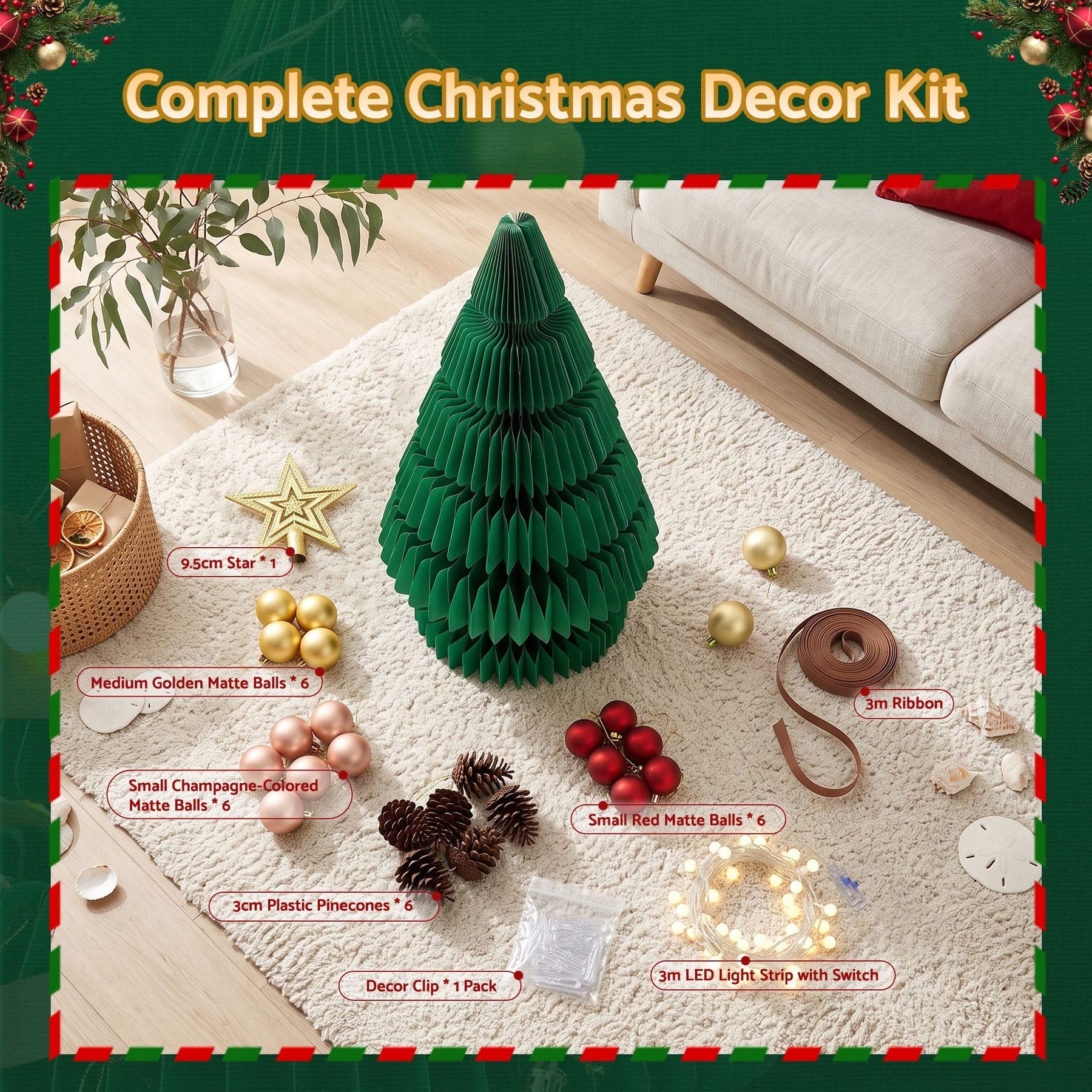 Jingle Jollys Paper Christmas Tree 62CM w/ Star Topper LEDs Xmas Decorations Kit Home Office Green - SportZone.co.nz