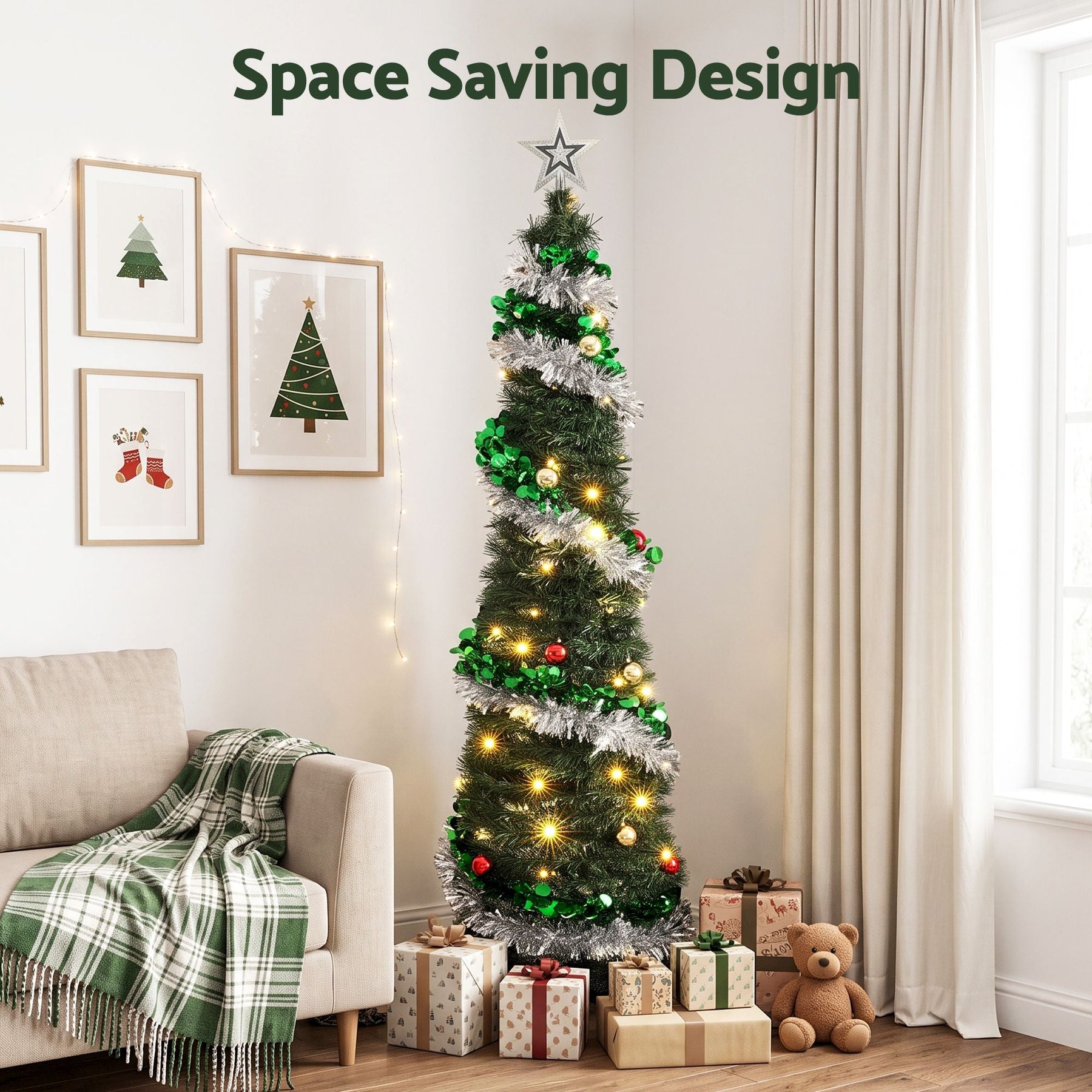 Jingle Jollys Pop Up Christmas Tree Pre Decorated Warm White LED 155cm - SportZone.co.nz