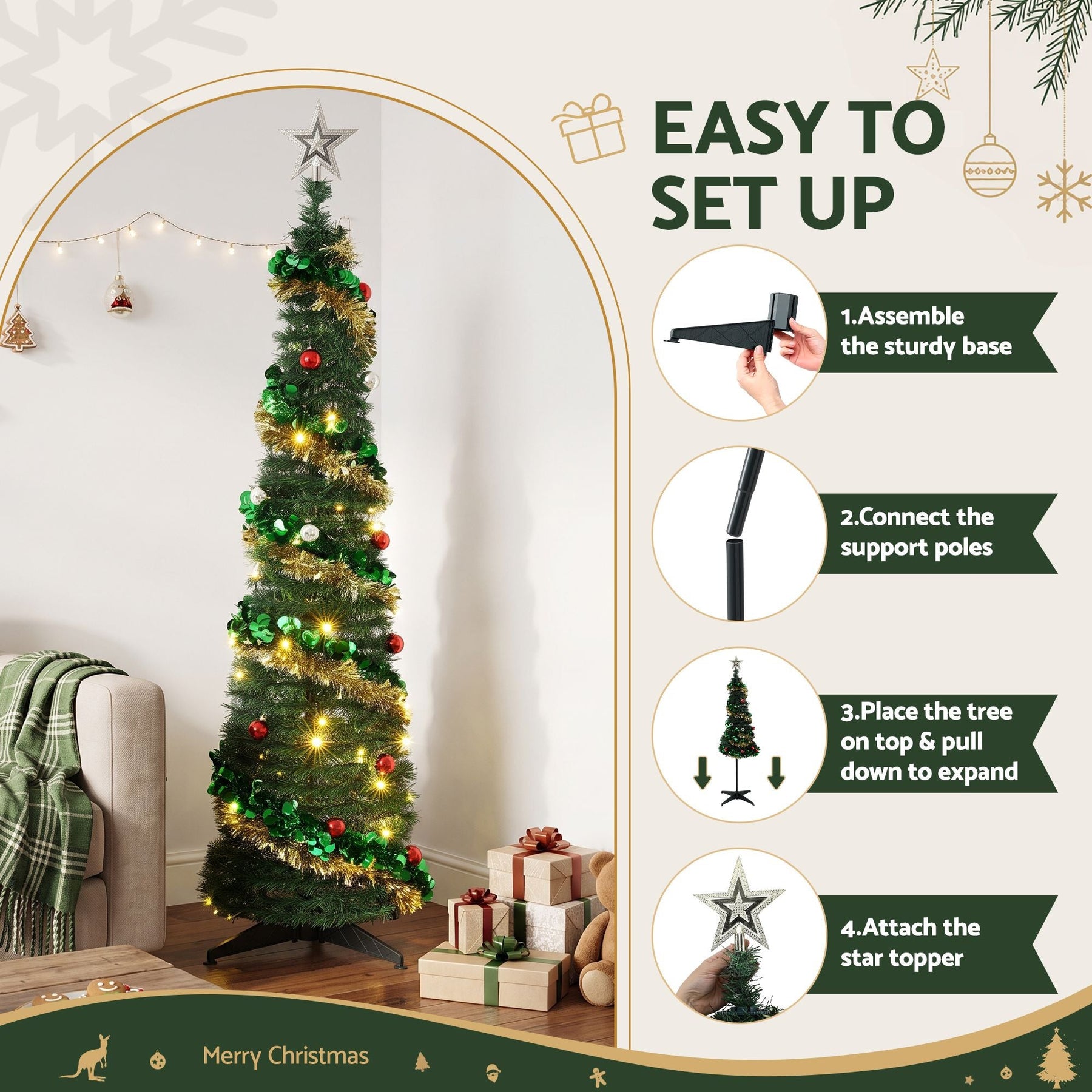 Jingle Jollys Pop Up Christmas Tree Pre Decorated Warm White LED 160cm - SportZone.co.nz