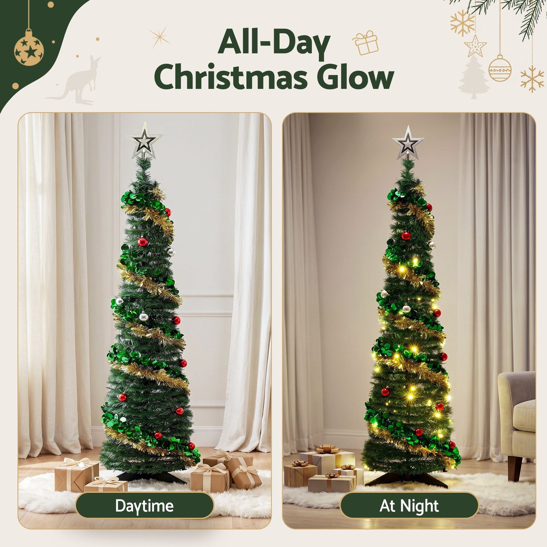 Jingle Jollys Pop Up Christmas Tree Pre Decorated Warm White LED 160cm - SportZone.co.nz