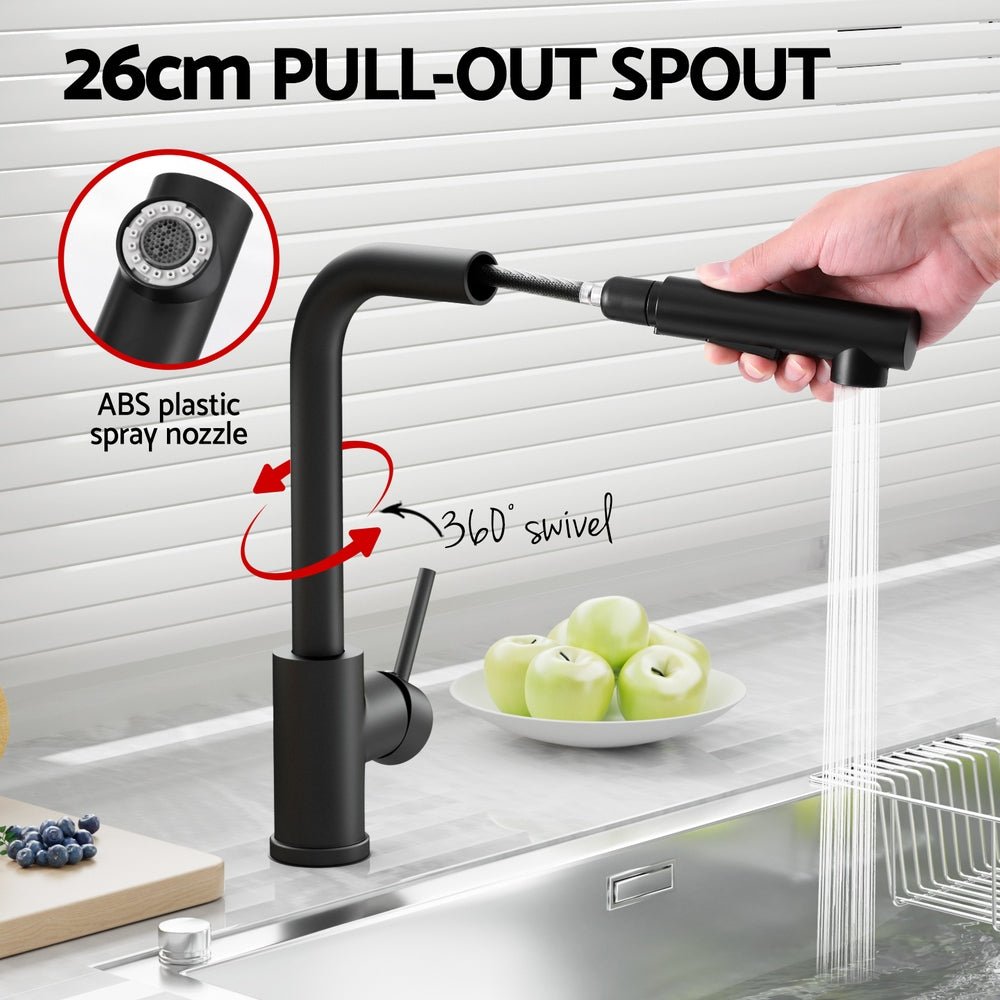 Kitchen Mixer Tap Pull Out Rectangle 2 Mode Sink Basin Faucet Swivel WELS Black - SportZone.co.nz