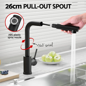 Kitchen Mixer Tap Pull Out Rectangle 2 Mode Sink Basin Faucet Swivel WELS Black - SportZone.co.nz