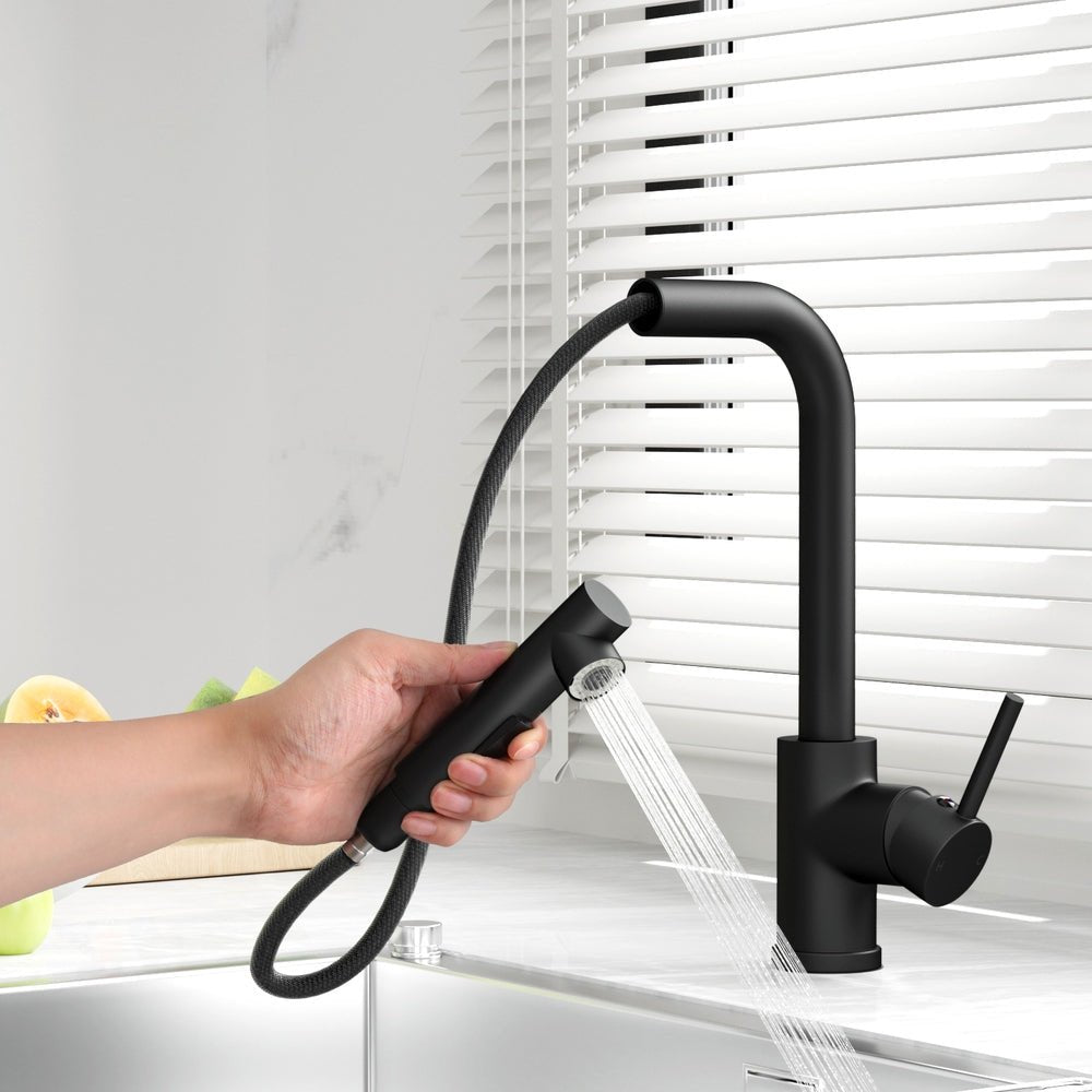 Kitchen Mixer Tap Pull Out Rectangle 2 Mode Sink Basin Faucet Swivel WELS Black - SportZone.co.nz