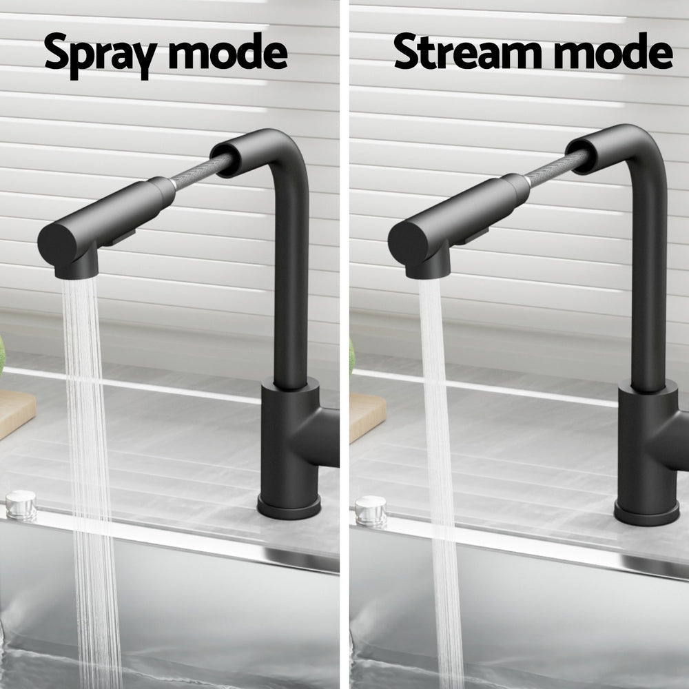 Kitchen Mixer Tap Pull Out Rectangle 2 Mode Sink Basin Faucet Swivel WELS Black - SportZone.co.nz