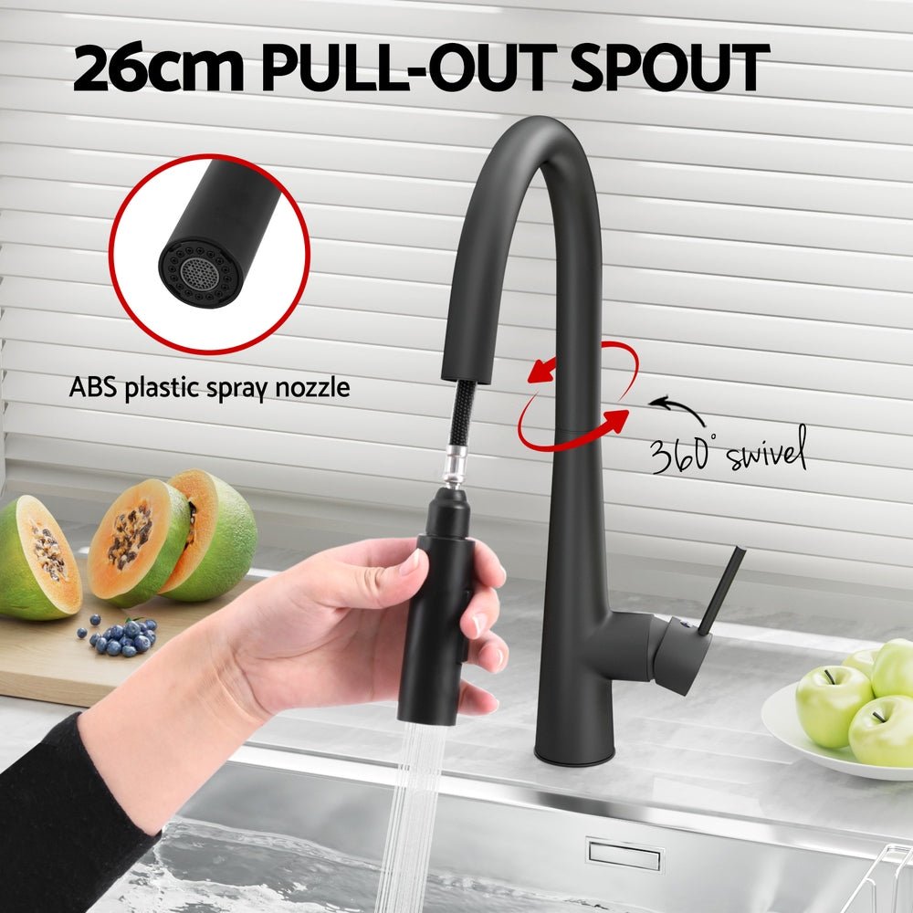 Kitchen Mixer Tap Pull Out Round 2 Mode Sink Basin Faucet Swivel WELS Black - SportZone.co.nz