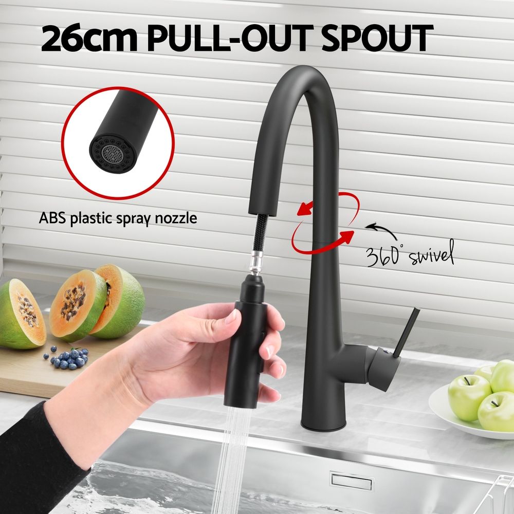 Kitchen Mixer Tap Pull Out Round 2 Mode Sink Basin Faucet Swivel WELS Black - SportZone.co.nz