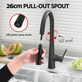 Kitchen Mixer Tap Pull Out Round 2 Mode Sink Basin Faucet Swivel WELS Black - SportZone.co.nz