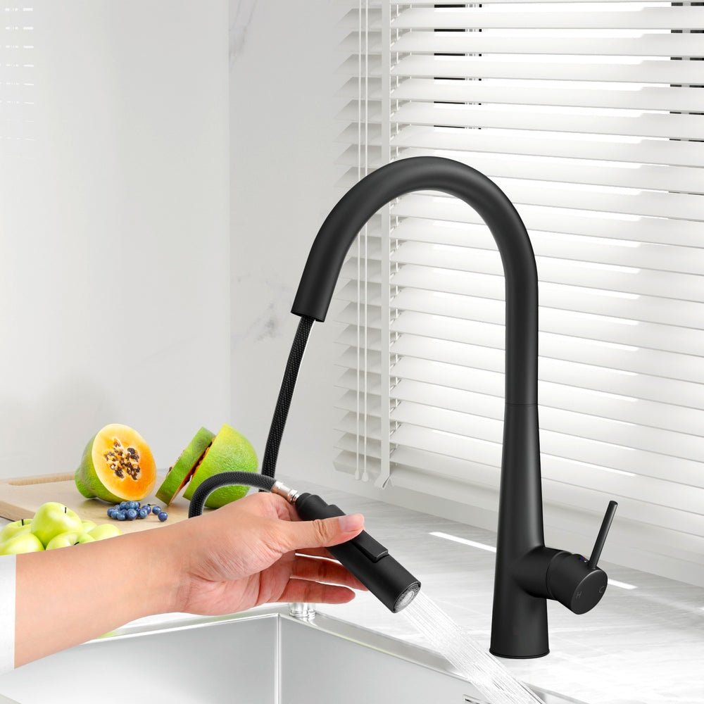 Kitchen Mixer Tap Pull Out Round 2 Mode Sink Basin Faucet Swivel WELS Black - SportZone.co.nz