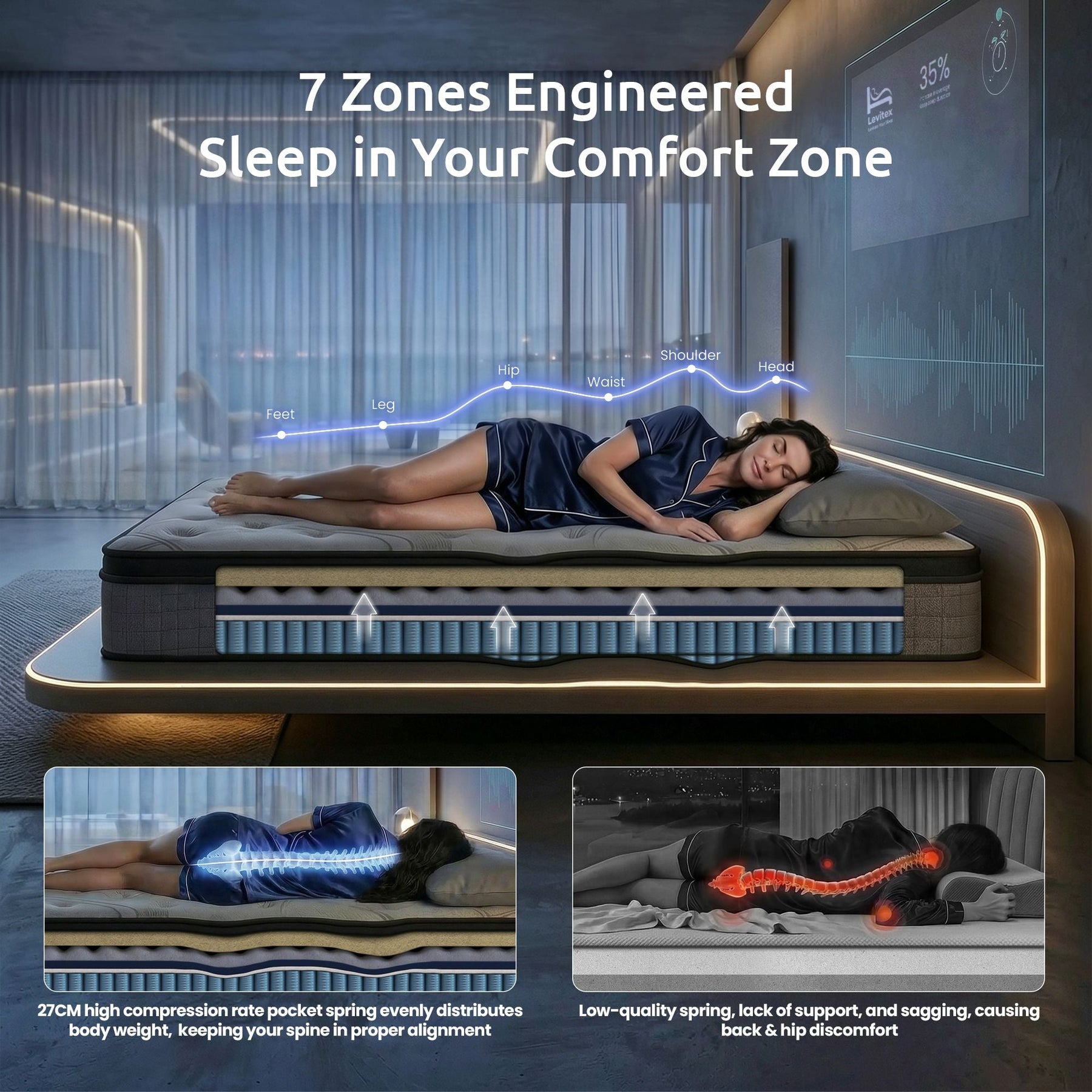 Levitex Single Mattress 33 cm 7 - Zone Pocket Spring 8.0 Extra Firm with Dual - Row Edge Support & Breathable Knit Cover - SportZone.co.nz