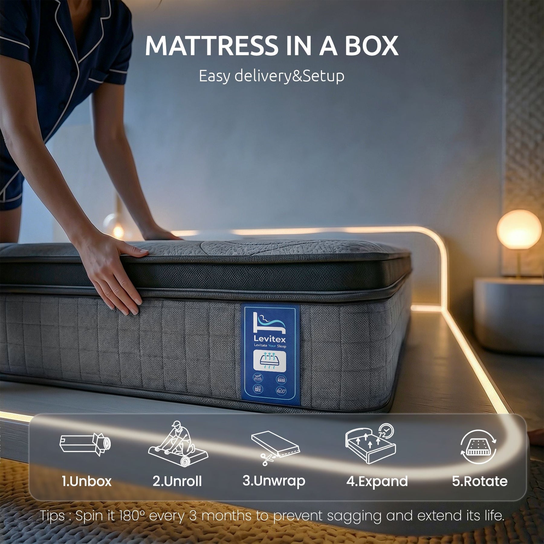 Levitex Single Mattress 33 cm 7 - Zone Pocket Spring 8.0 Extra Firm with Dual - Row Edge Support & Breathable Knit Cover - SportZone.co.nz