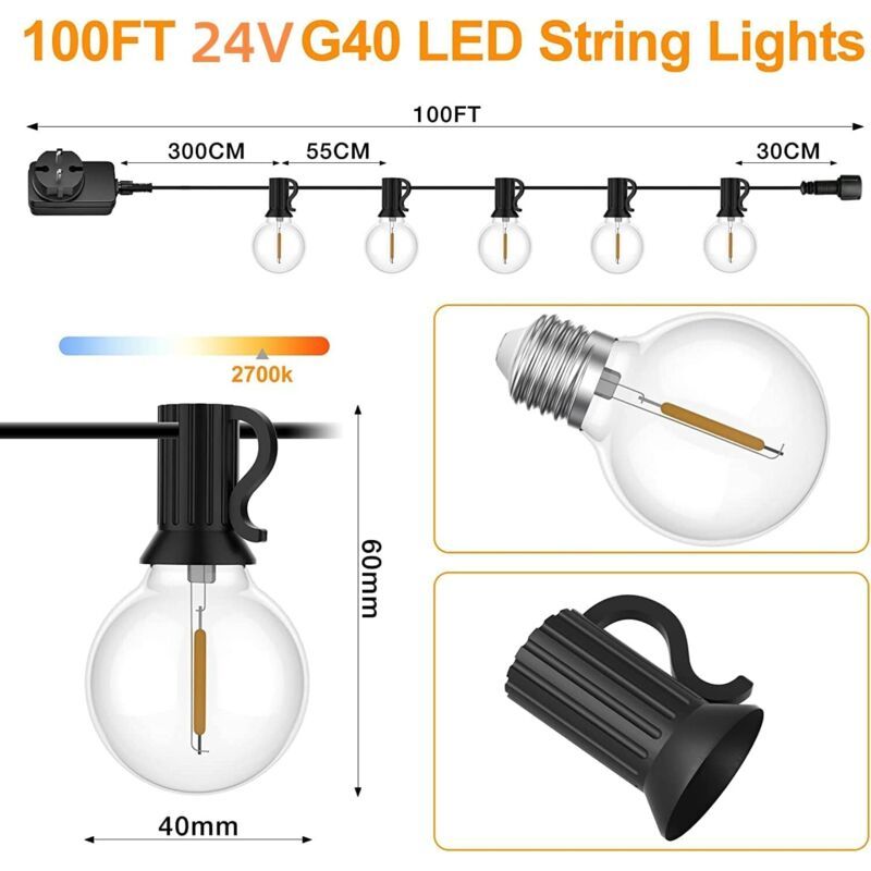 Outdoor Light Garland, 30 m with 50 plus 2 G40 LED Bulbs, IP45 Waterproof, Warm White - SportZone.co.nz