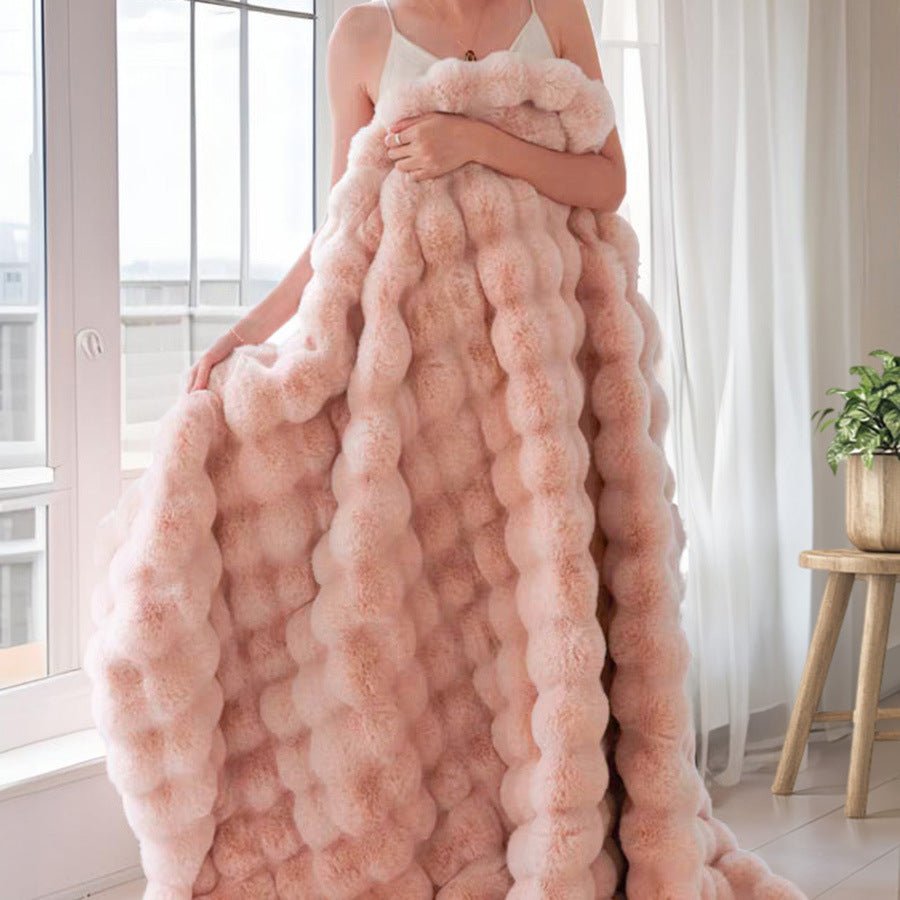 Pink Luxury Tuscany Fleece Rabbit Fur Bubble Blanket (200 x 230 CM) - Double - Sided Thickened Soft Plush Bedding & Extra Large Bed Blanket - SportZone.co.nz