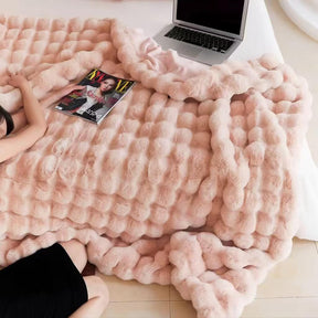 Pink Luxury Tuscany Fleece Rabbit Fur Bubble Blanket - Double - Sided Thickened Soft Plush Large Bedding Set(180x200 CM Large Blanket + 2 Pack 45x45 CM Cushion Cover) - SportZone.co.nz