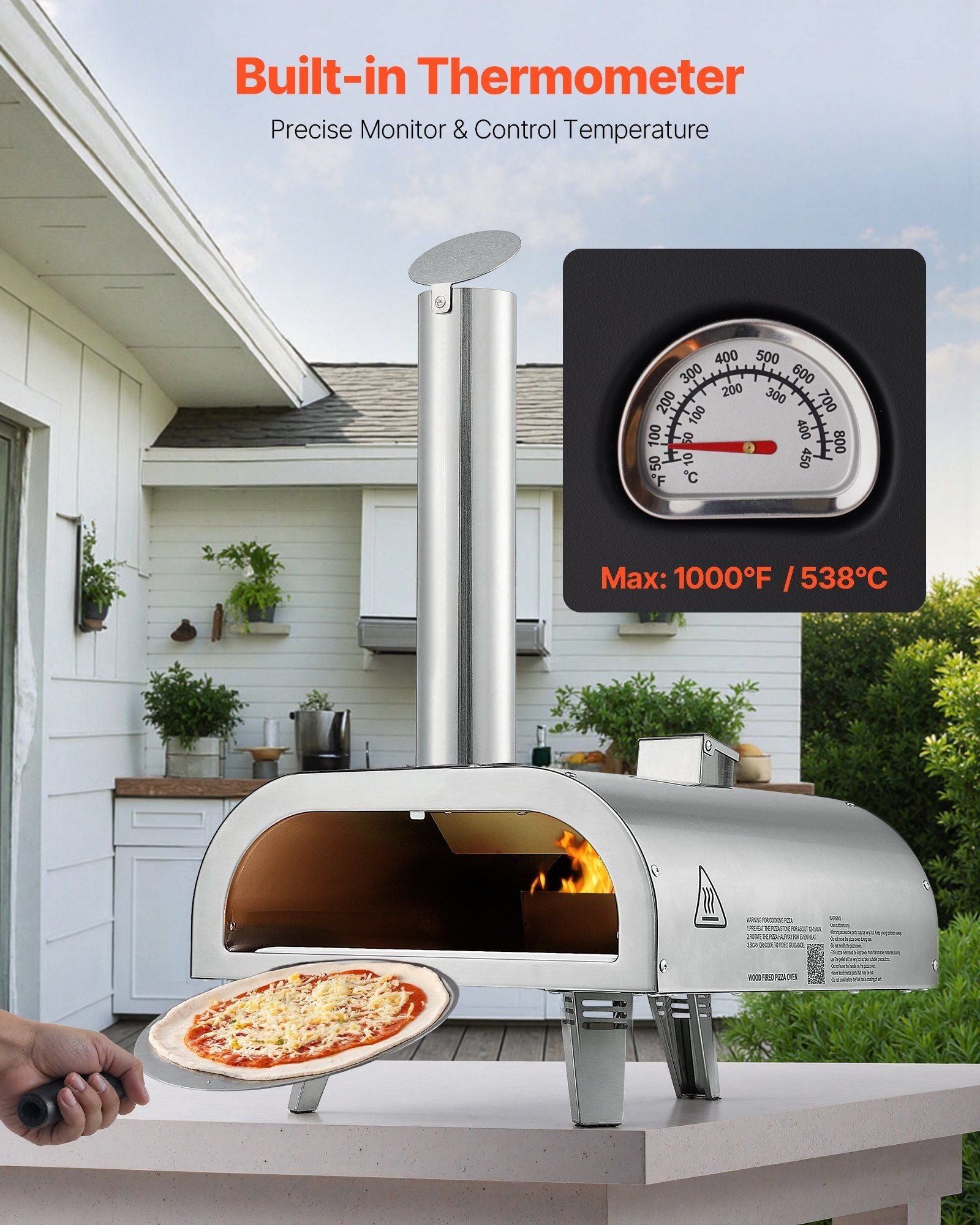 Pizza Oven Outdoor, 12" Pellet Pizza Oven, Portable Pizza-Stove with Built-in Thermometer, Wood Fired Stainless Steel Pizza-Maker, for Backyard, Camping, Pizza-Stone, Shovel, Carry Bag, Silver - SportZone.co.nz