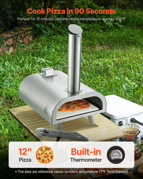 Pizza Oven Outdoor, 12" Pellet Pizza Oven, Portable Pizza-Stove with Built-in Thermometer, Wood Fired Stainless Steel Pizza-Maker, for Backyard, Camping, Pizza-Stone, Shovel, Carry Bag, Silver - SportZone.co.nz