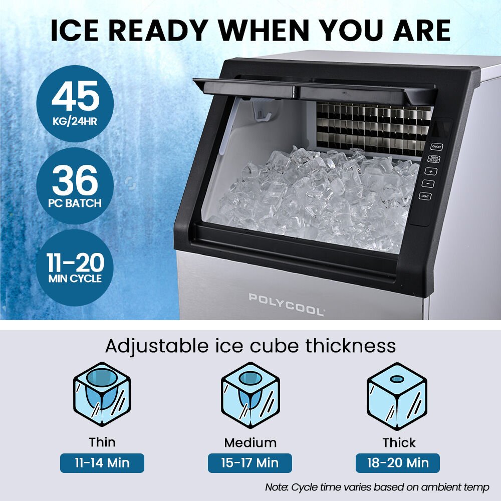 POLYCOOL Commercial Ice Maker 45kg/24hr | Self-Cleaning Ice Machine with Timer - SportZone.co.nz