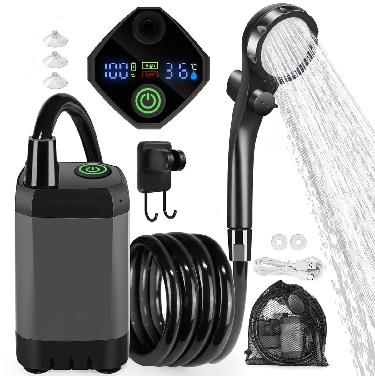 Portable Shower Pump with Rechargeable 6000mAh Battery - Outdoor Shower IPX7 Waterproof - With Temperature Display - Suitable for Camping, Car Washing and Pet Washing (Gray) - SportZone.co.nz