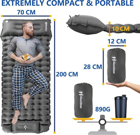 Self - inflating mattress 10cm, waterproof lightweight tear - resistant durable with foot pump for camping beach hiking, dark blue - SportZone.co.nz