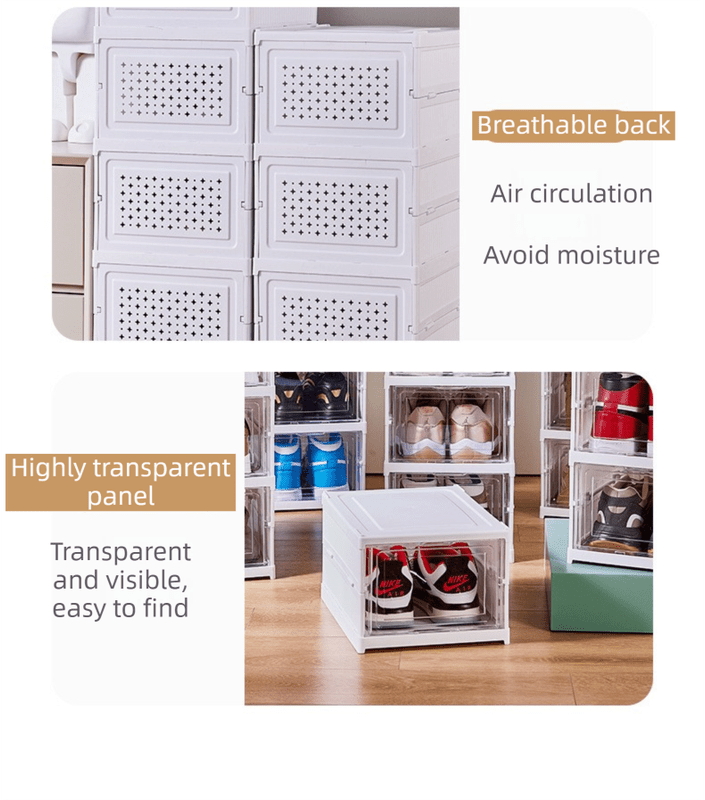 Transparent 6 - Layer Foldable Shoe Storage Tower with Transparent Display Panel & Back Ventilation - One - Pull Instant Setup Stackable Box (25.5x34.5x105CM) - SportZone.co.nz