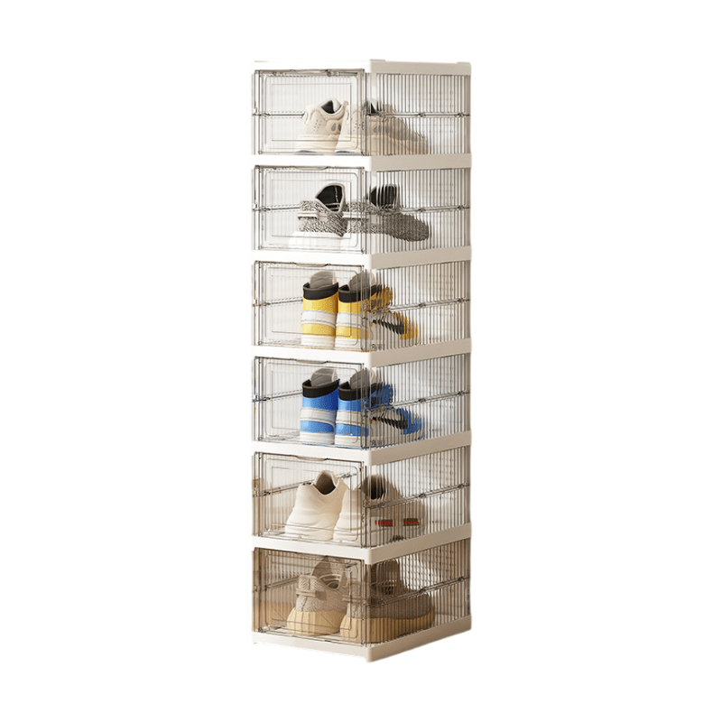 Transparent 6 - Layer Foldable Shoe Storage Tower with Transparent Display Panel & Back Ventilation - One - Pull Instant Setup Stackable Box (25.5x34.5x105CM) - SportZone.co.nz