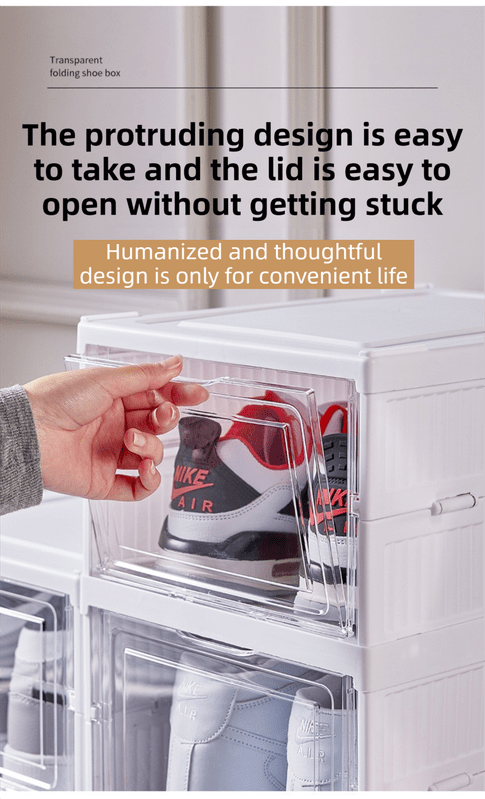 Transparent Grey 3 - Layer Foldable Shoe Storage Tower with Transparent Display Panel & Back Ventilation - One - Pull Instant Setup Stackable Box (25.5x34.5x52.5CM) - SportZone.co.nz