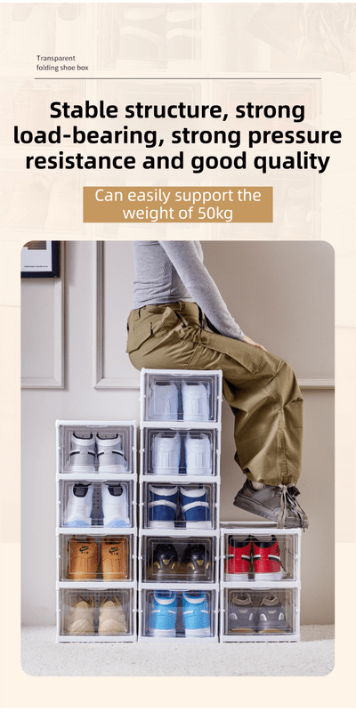 Transparent Grey 3 - Layer Foldable Shoe Storage Tower with Transparent Display Panel & Back Ventilation - One - Pull Instant Setup Stackable Box (25.5x34.5x52.5CM) - SportZone.co.nz