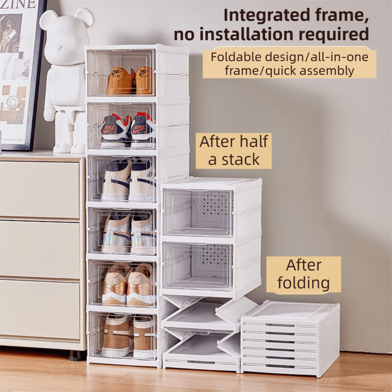 Transparent Grey 6 - Layer Foldable Shoe Storage Tower with Transparent Display Panel & Back Ventilation - One - Pull Instant Setup Stackable Box (25.5x34.5x105CM) - SportZone.co.nz