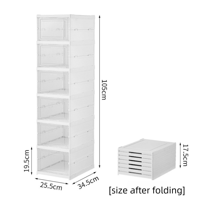 Transparent Grey 6 - Layer Foldable Shoe Storage Tower with Transparent Display Panel & Back Ventilation - One - Pull Instant Setup Stackable Box (25.5x34.5x105CM) - SportZone.co.nz