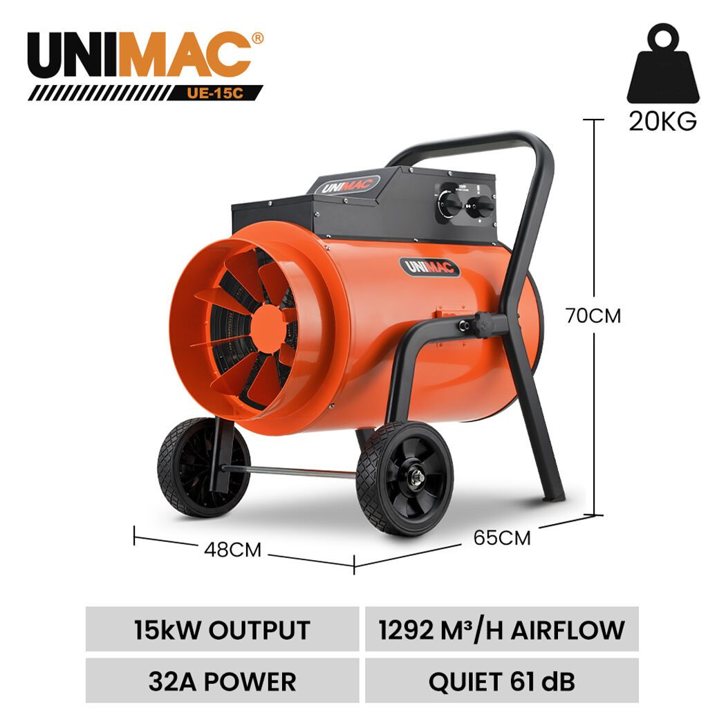 UNIMAC 15kW Industrial Electric Space Heater | 3 Phase Portable Fan Heater - SportZone.co.nz