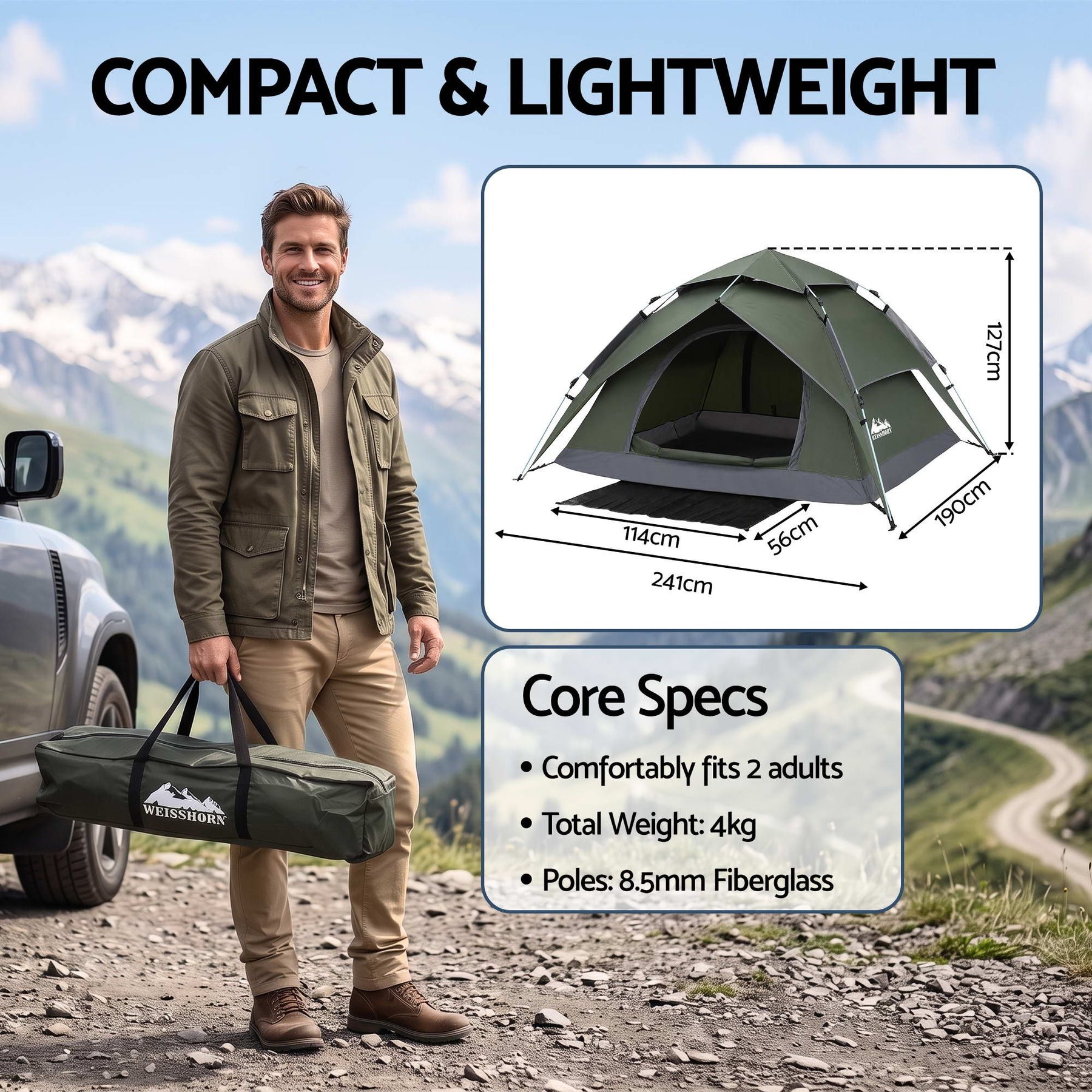 Weisshorn 2 Person Camping Tent Automatic Pop Up Water Repellent Shade Outdoor - SportZone.co.nz