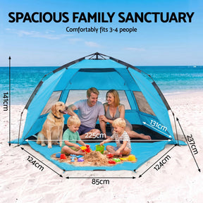 Weisshorn Beach Tent 3-4 Person Pop Up Sun Shade UPF 50 Automatic Outdoor Blue - SportZone.co.nz