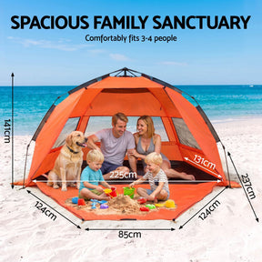 Weisshorn Beach Tent 3-4 Person Pop Up Sun Shade UPF 50 Automatic Outdoor Orange - SportZone.co.nz