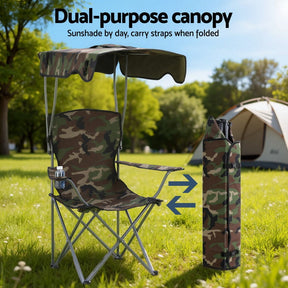 Weisshorn Camping Chair With Canopy Folding Outdoor Portable Seat Lightweight Beach Picnic Fishing Capacity 120KG Army Green - SportZone.co.nz