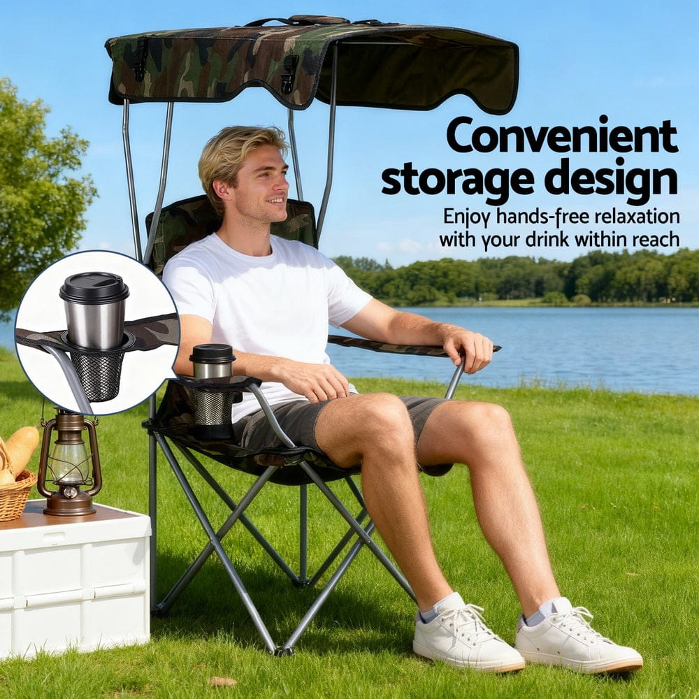 Weisshorn Camping Chair With Canopy Folding Outdoor Portable Seat Lightweight Beach Picnic Fishing Capacity 120KG Army Green - SportZone.co.nz