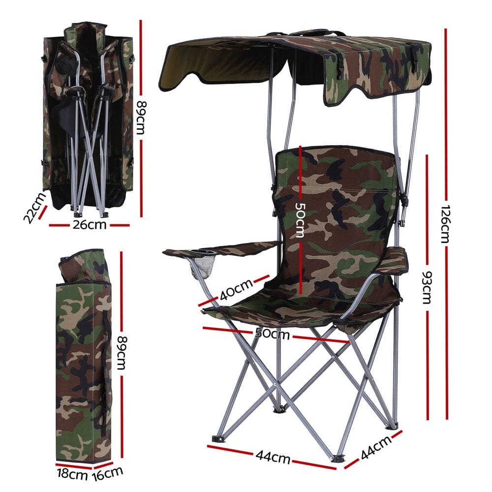 Weisshorn Camping Chair With Canopy Folding Outdoor Portable Seat Lightweight Beach Picnic Fishing Capacity 120KG Army Green - SportZone.co.nz
