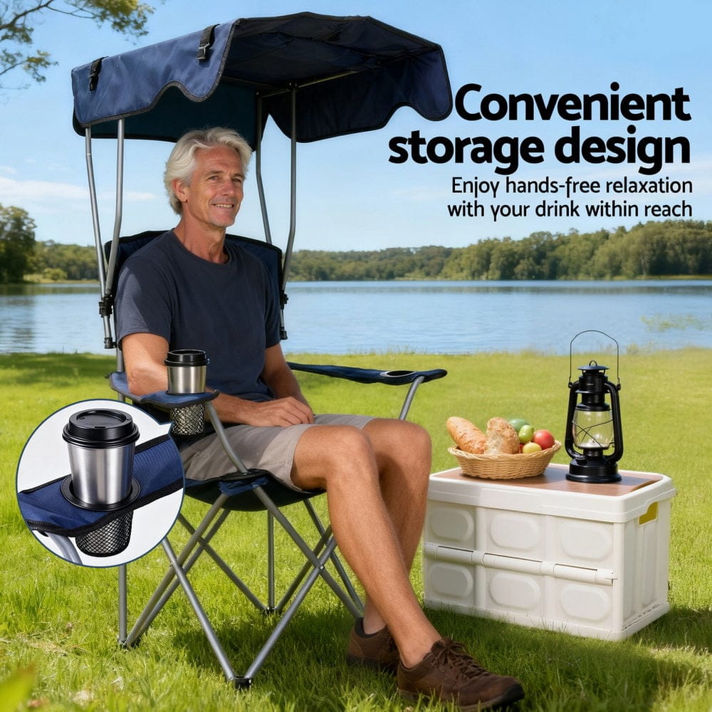 Weisshorn Camping Chair With Canopy Folding Outdoor Portable Seat Lightweight Beach Picnic Fishing Capacity 120KG Navy Blue - SportZone.co.nz