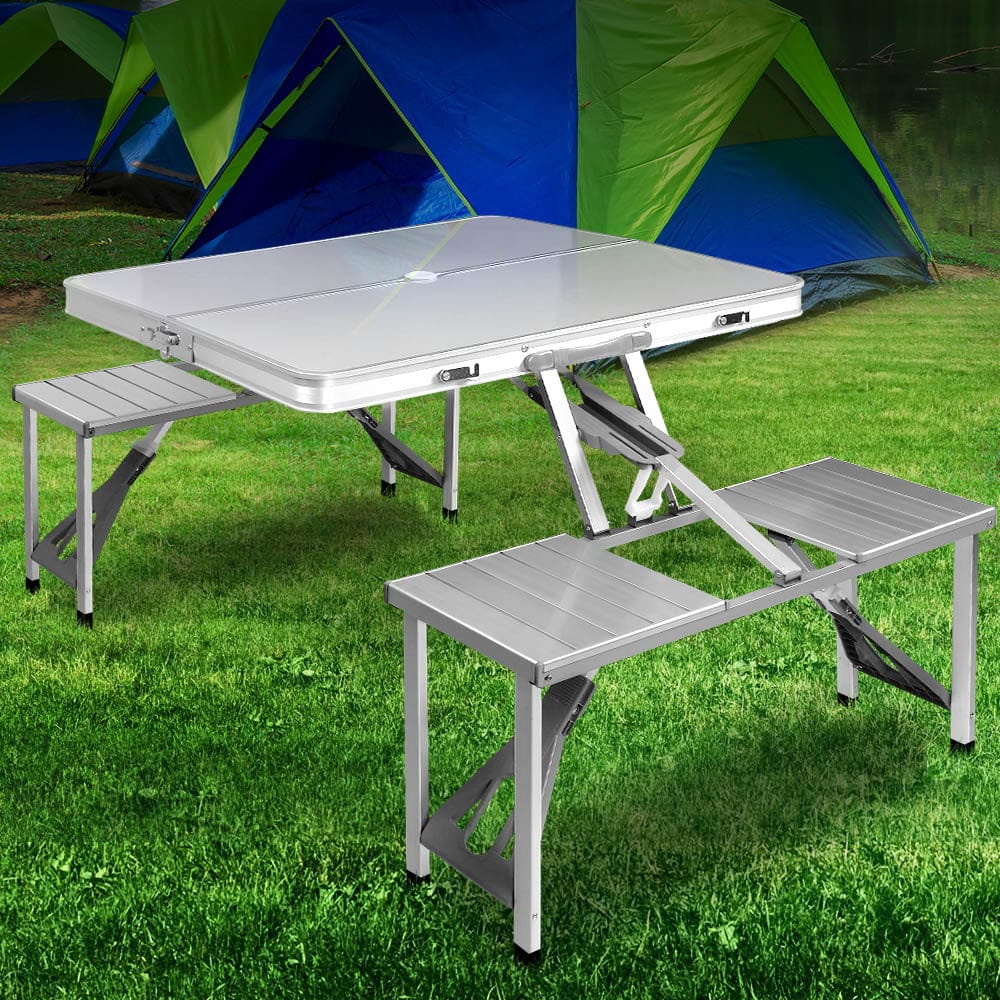 Weisshorn Folding Camping Table Outdoor Picnic BBQ With 2 Bench Chairs Set - SportZone.co.nz