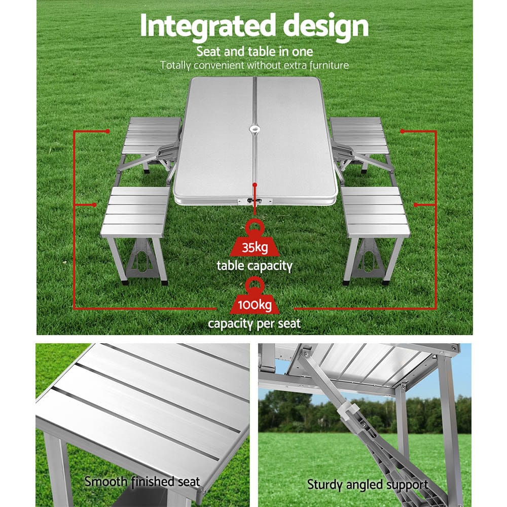 Weisshorn Folding Camping Table Outdoor Picnic BBQ With 2 Bench Chairs Set - SportZone.co.nz