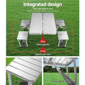 Weisshorn Folding Camping Table Outdoor Picnic BBQ With 2 Bench Chairs Set - SportZone.co.nz