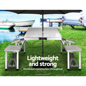 Weisshorn Folding Camping Table Outdoor Picnic BBQ With 2 Bench Chairs Set - SportZone.co.nz