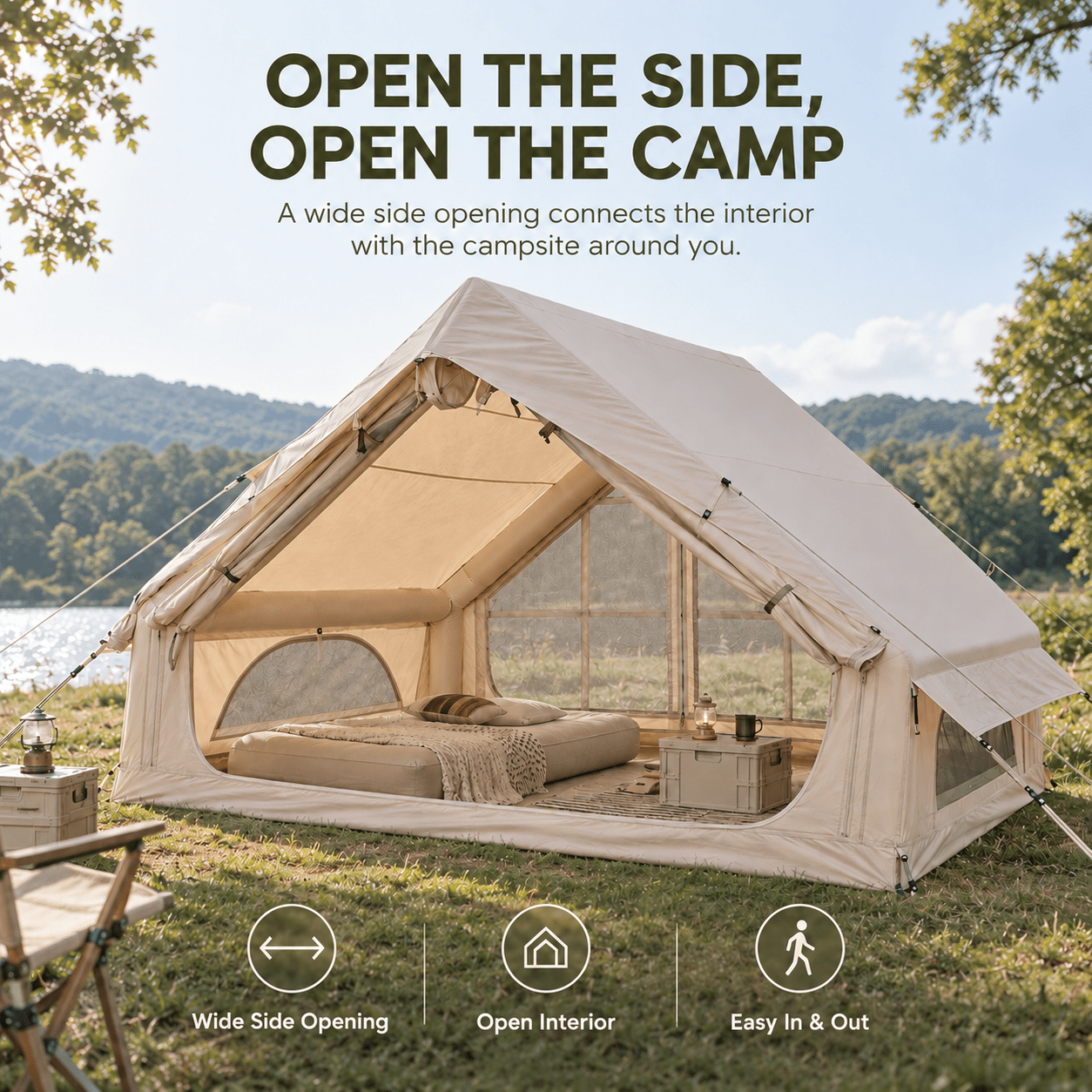 Weisshorn Inflatable A-Frame Camping Tent 4-6 Person Large Glamping Beige - SportZone.co.nz