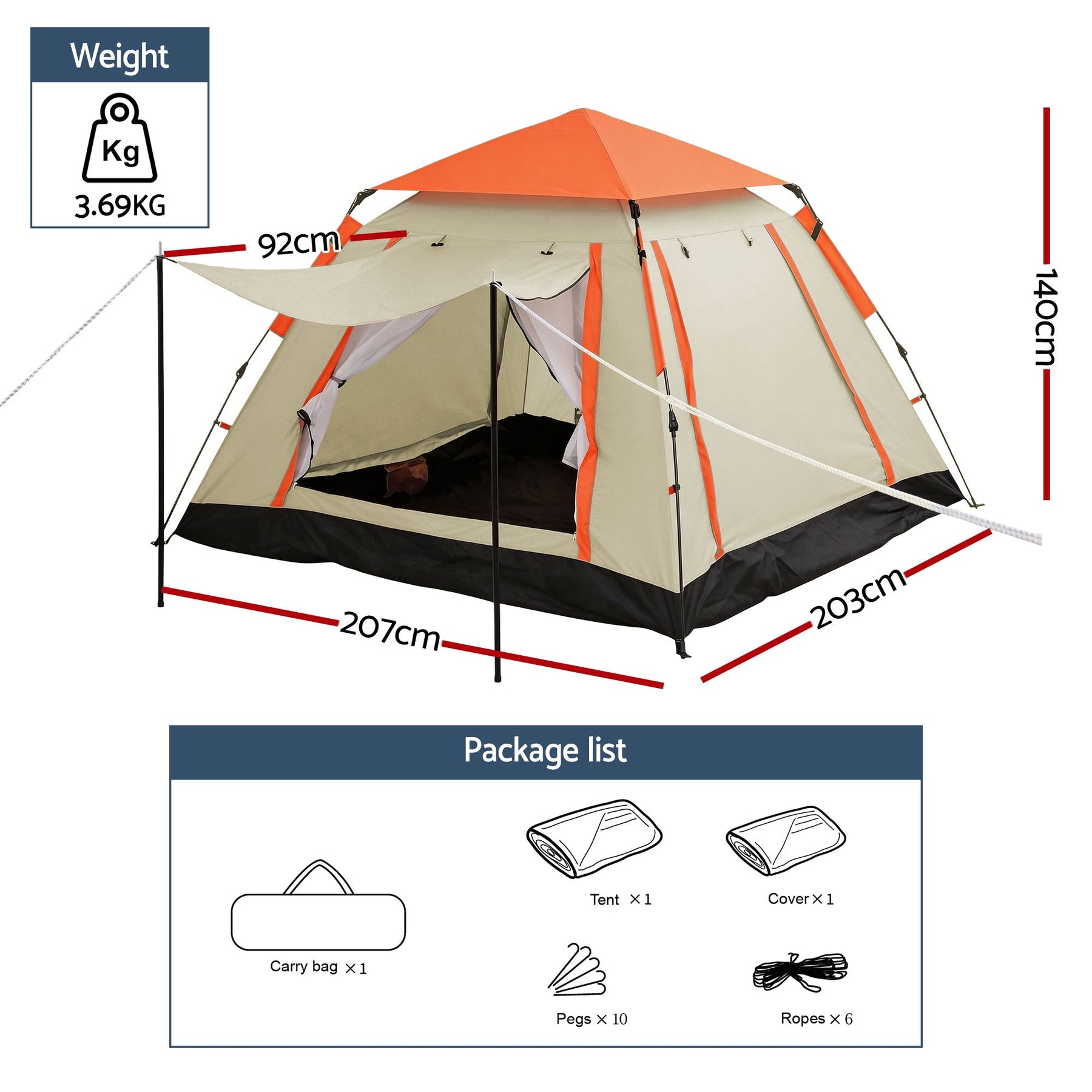 Weisshorn Pop Up Camping Tent 3 - 4 Person Automatic Tent Instant Setup Waterproof - SportZone.co.nz