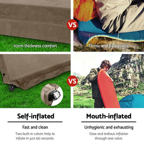Weisshorn Self Inflating Mattress 10CM Camping Sleeping Mat Air Double Coffee - SportZone.co.nz