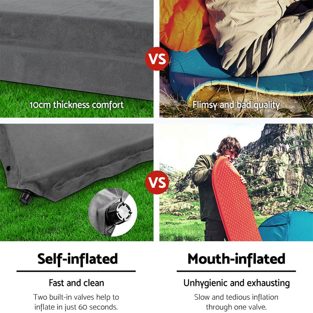 Weisshorn Self Inflating Mattress 10CM Camping Sleeping Mat Air Double Grey - SportZone.co.nz