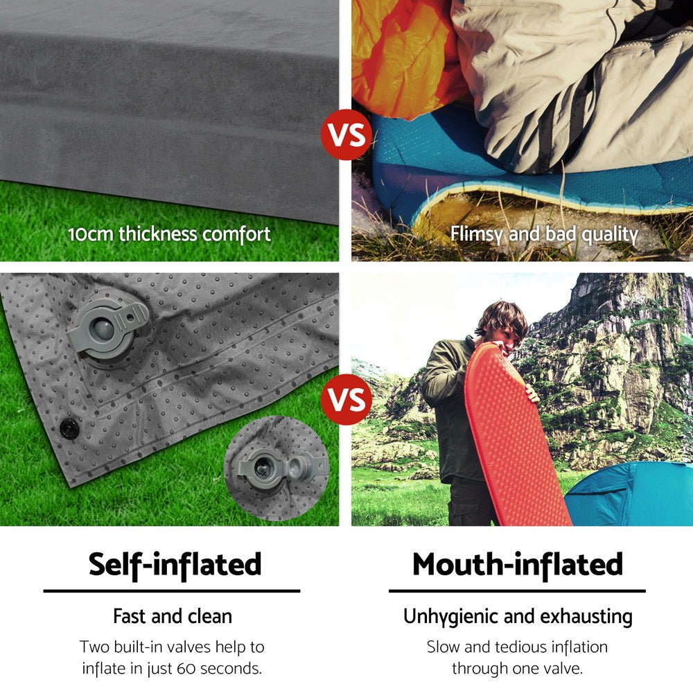 Weisshorn Self Inflating Mattress 10CM Camping Sleeping Mat Air Double Grey - SportZone.co.nz